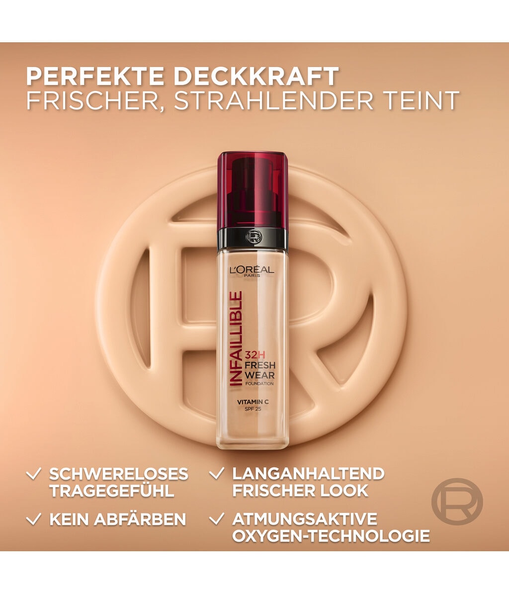 Тональная основа L'Oreal Paris Infaillible 32H Fresh Wear стойкая, натуральный финиш, оттенок 132 Cool, 30 мл — фото 4