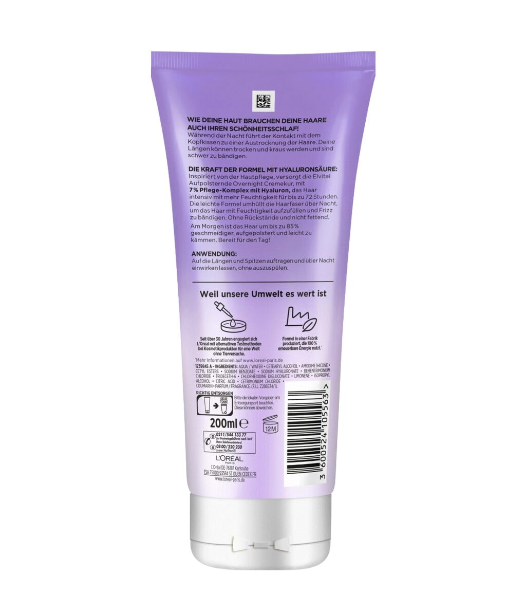 Ночная крем-маска для волос L'Oreal Paris Elvital Hydra Hyaluronic увлажняющая, против пушения, 200 мл — фото 2
