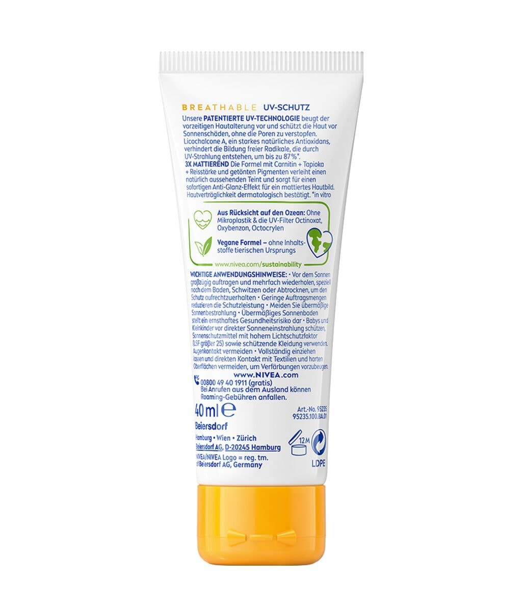 Тонирующий солнцезащитный крем для лица Nivea Sun Breathable UV матирующий, SPF 50+, для светлой кожи, 40 мл — фото 2