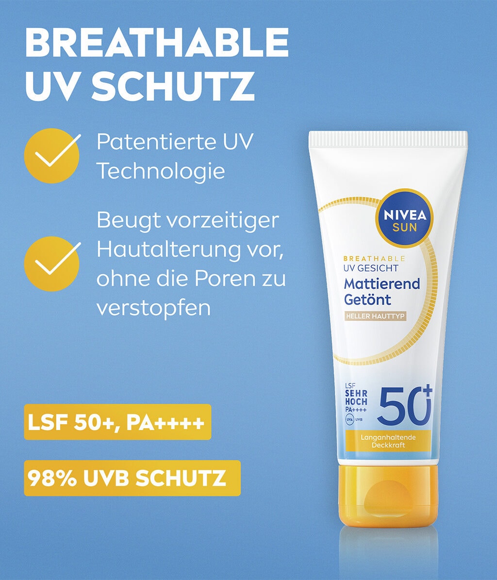 Тонирующий солнцезащитный крем для лица Nivea Sun Breathable UV матирующий, SPF 50+, для светлой кожи, 40 мл — фото 3