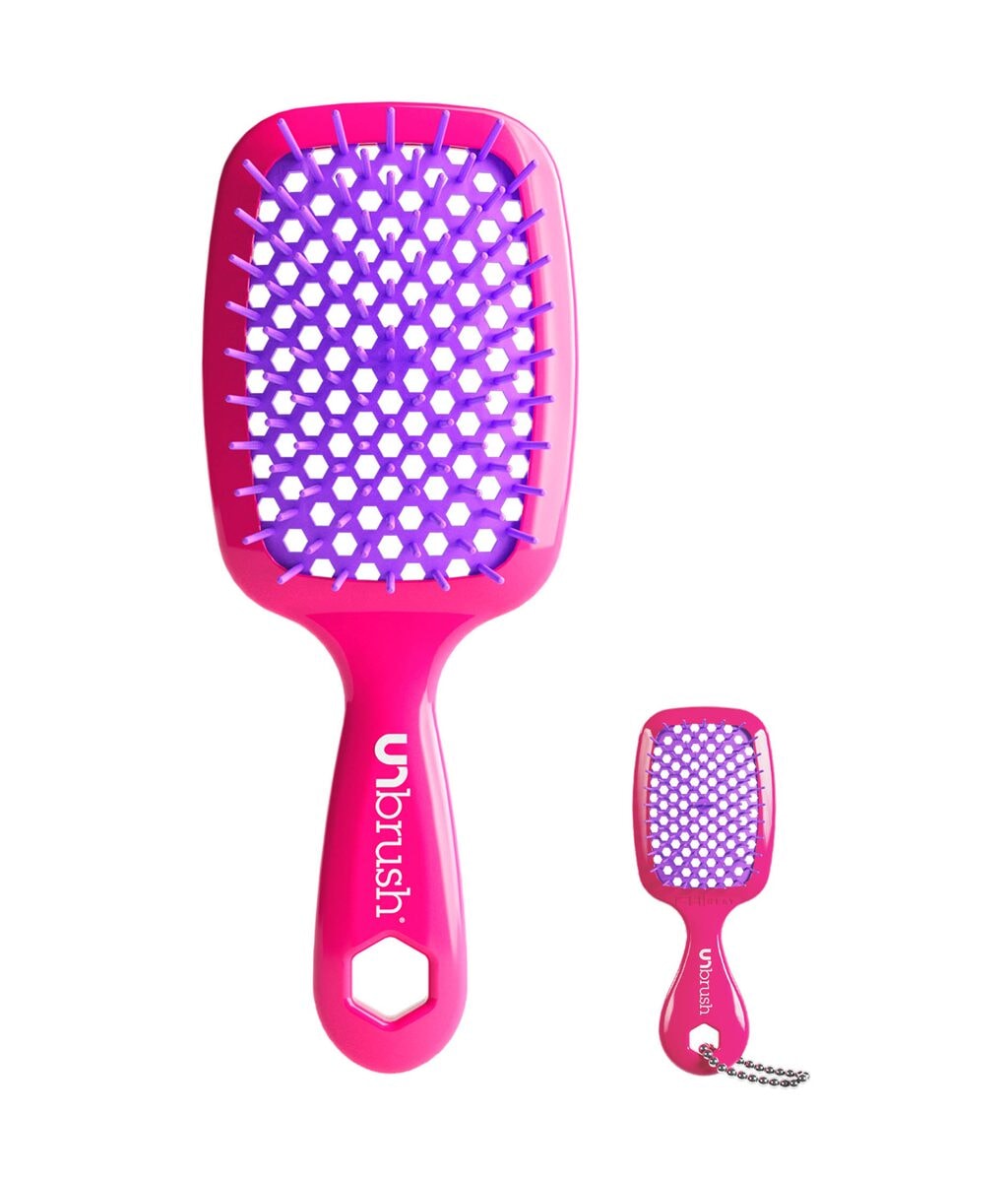 Набор щёток UNbrush Detangling Brush & Super Mini Keychain, для лёгкого расчёсывания, Neon Pink