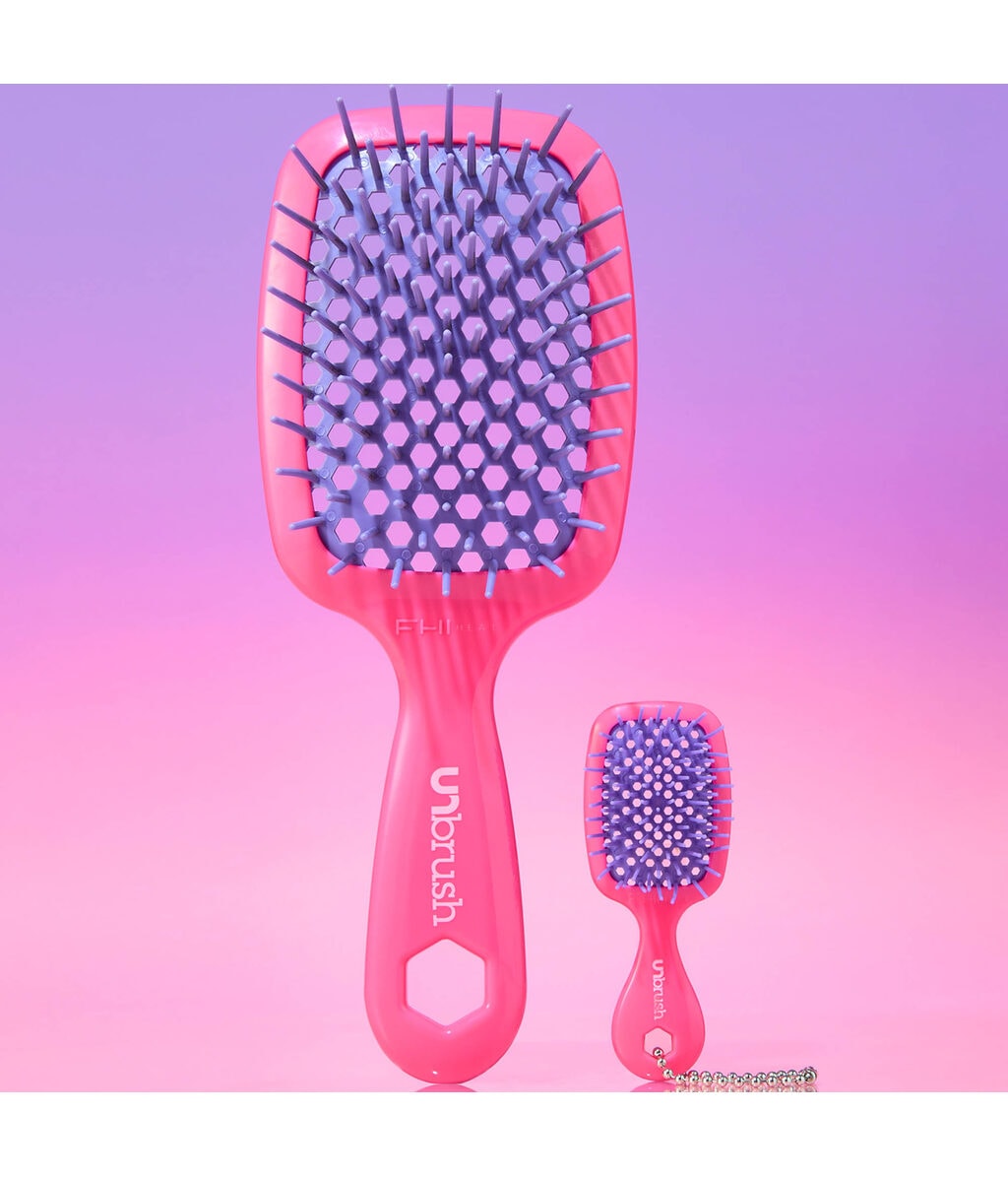 Набор щёток UNbrush Detangling Brush & Super Mini Keychain, для лёгкого расчёсывания, Neon Pink — фото 2