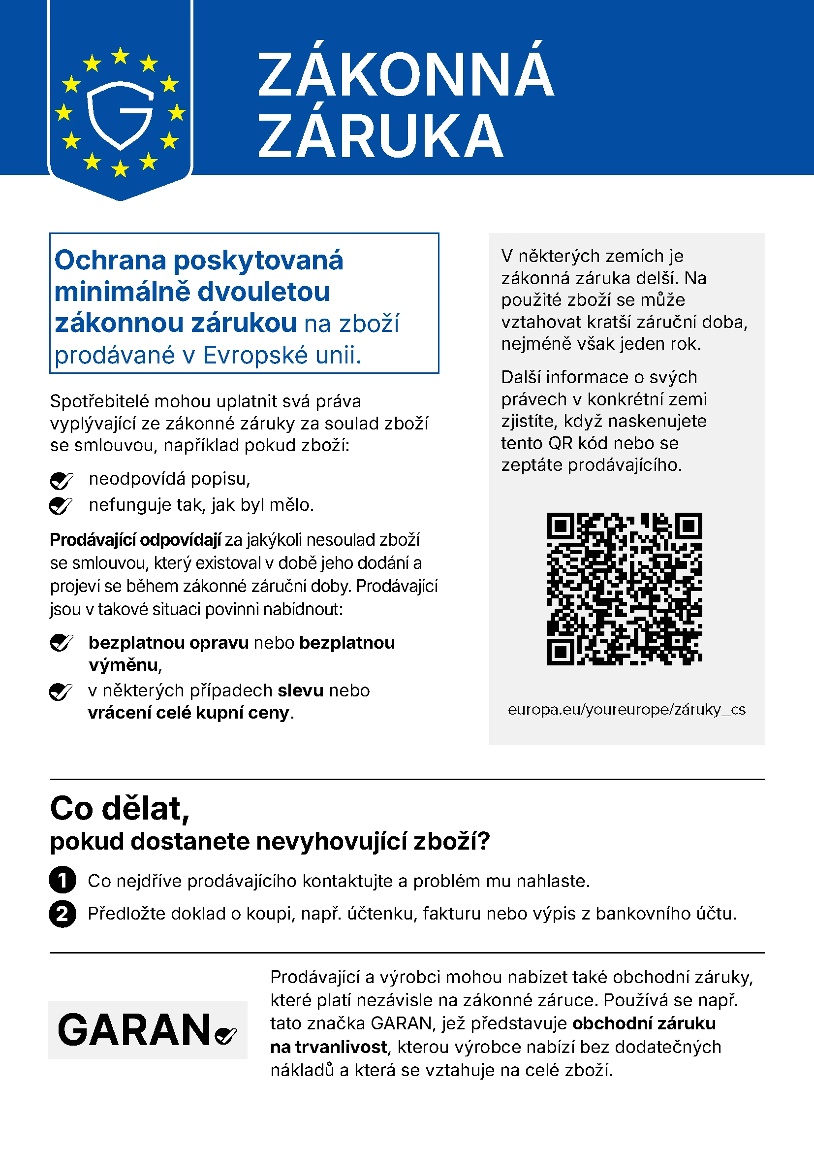Zobrazení informace o zákonné záruce