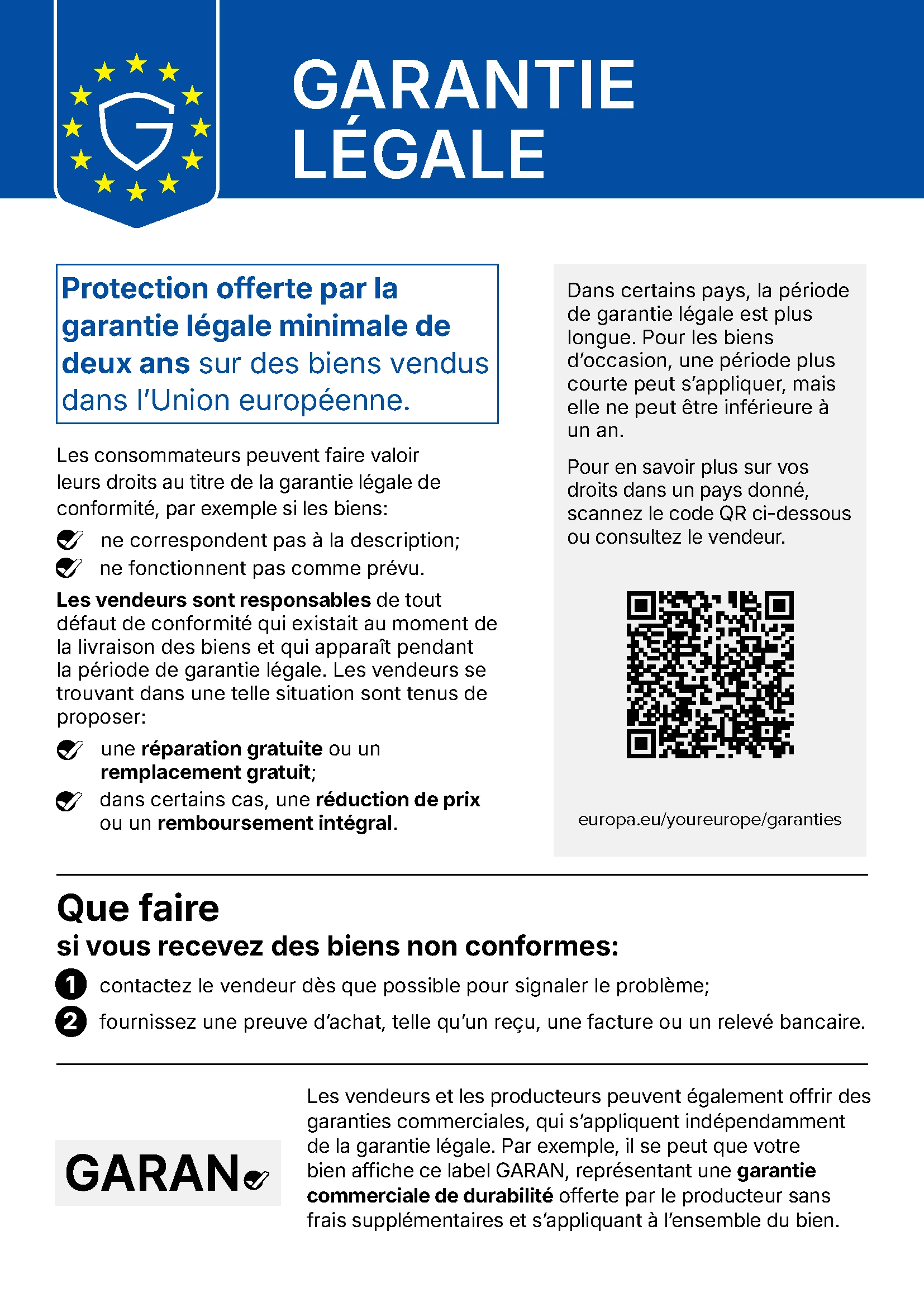 Représentation de la mention relative à la garantie légale