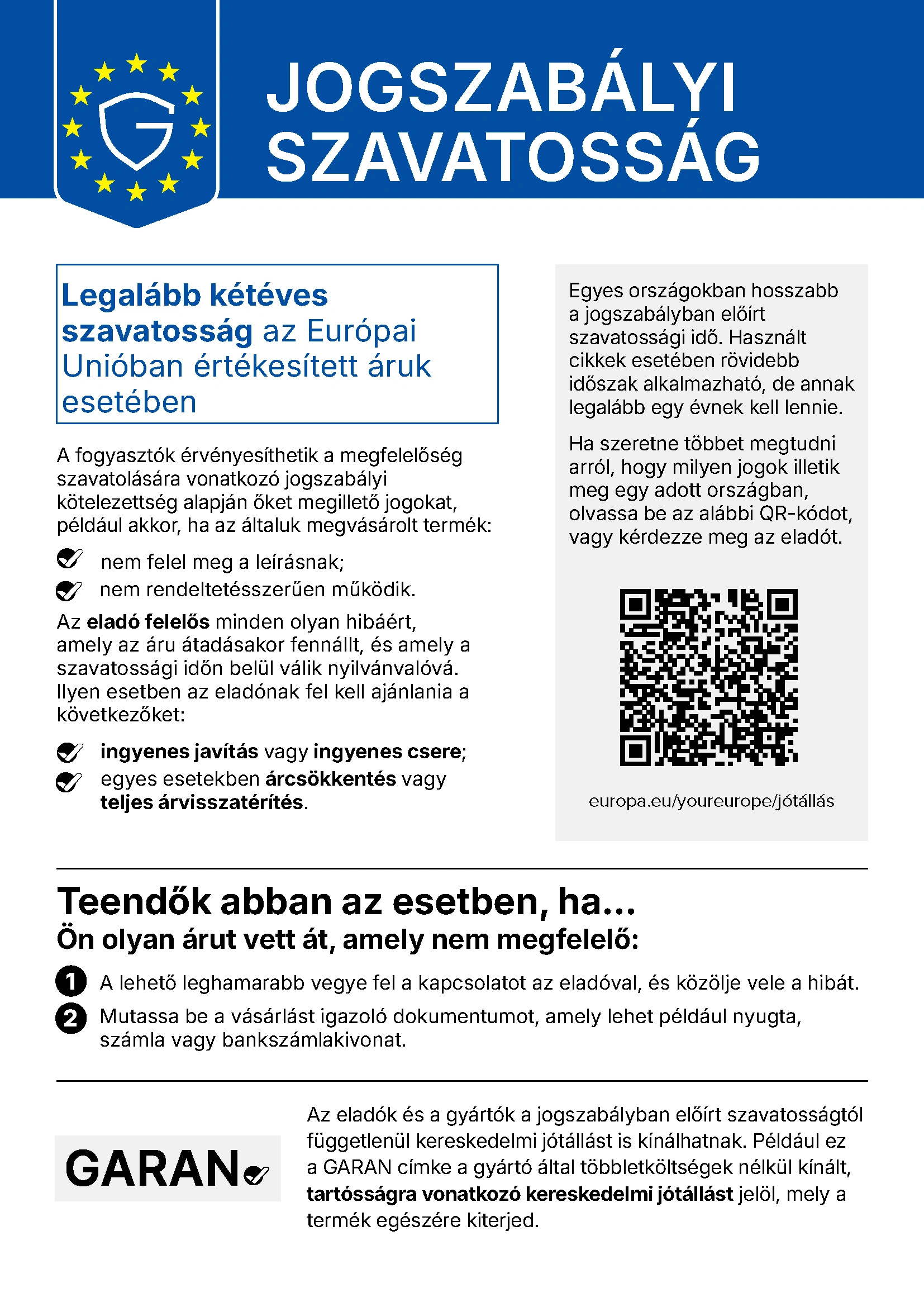 A törvényes szavatosságra vonatkozó tájékoztatás ábrázolása