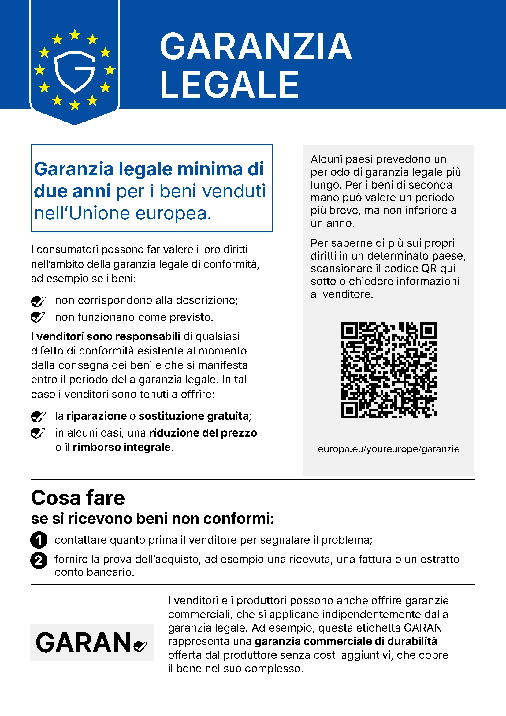 Riproduzione dell'avviso relativo alla garanzia legale