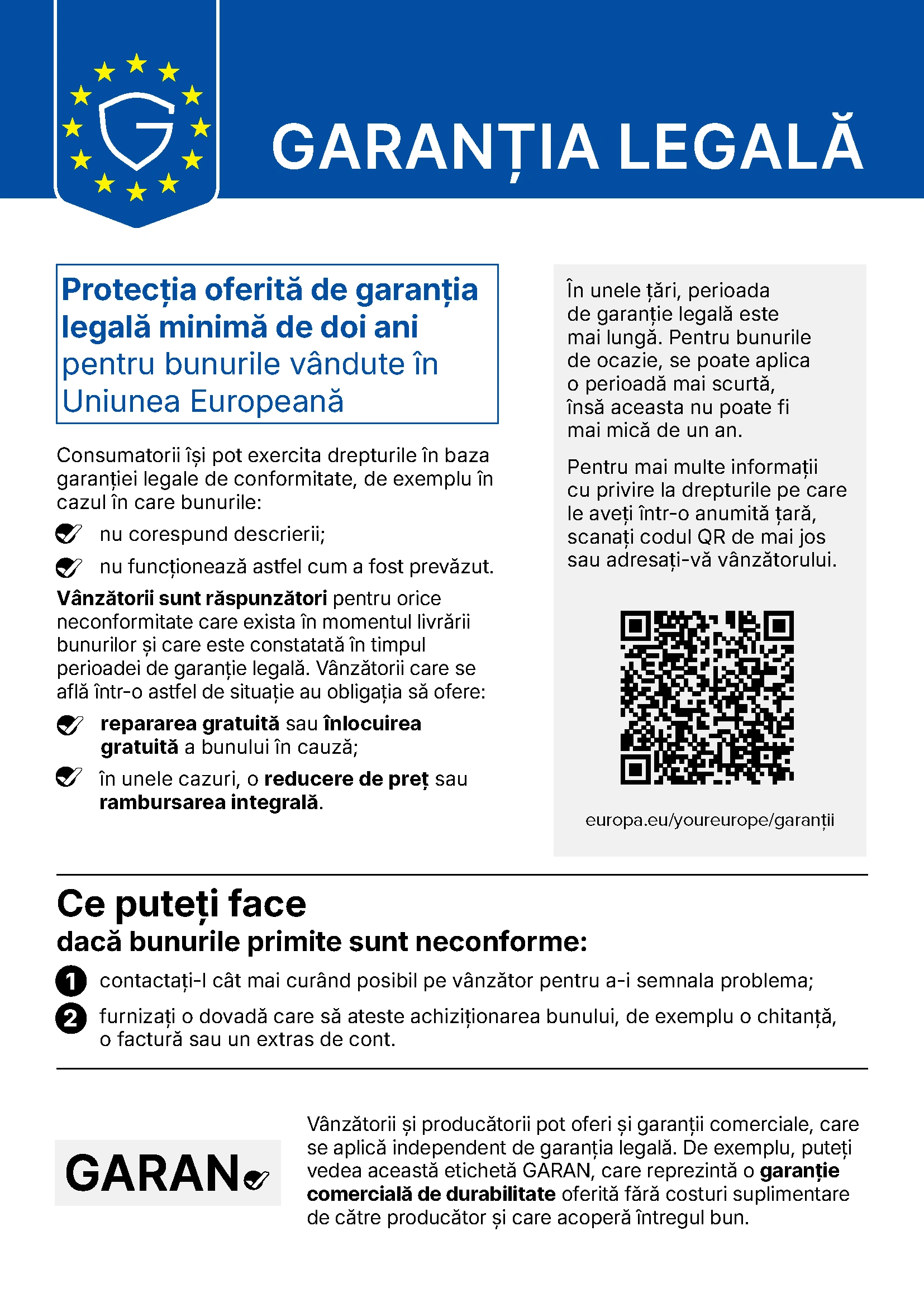 Reprezentare grafică a notei privind garanția legală